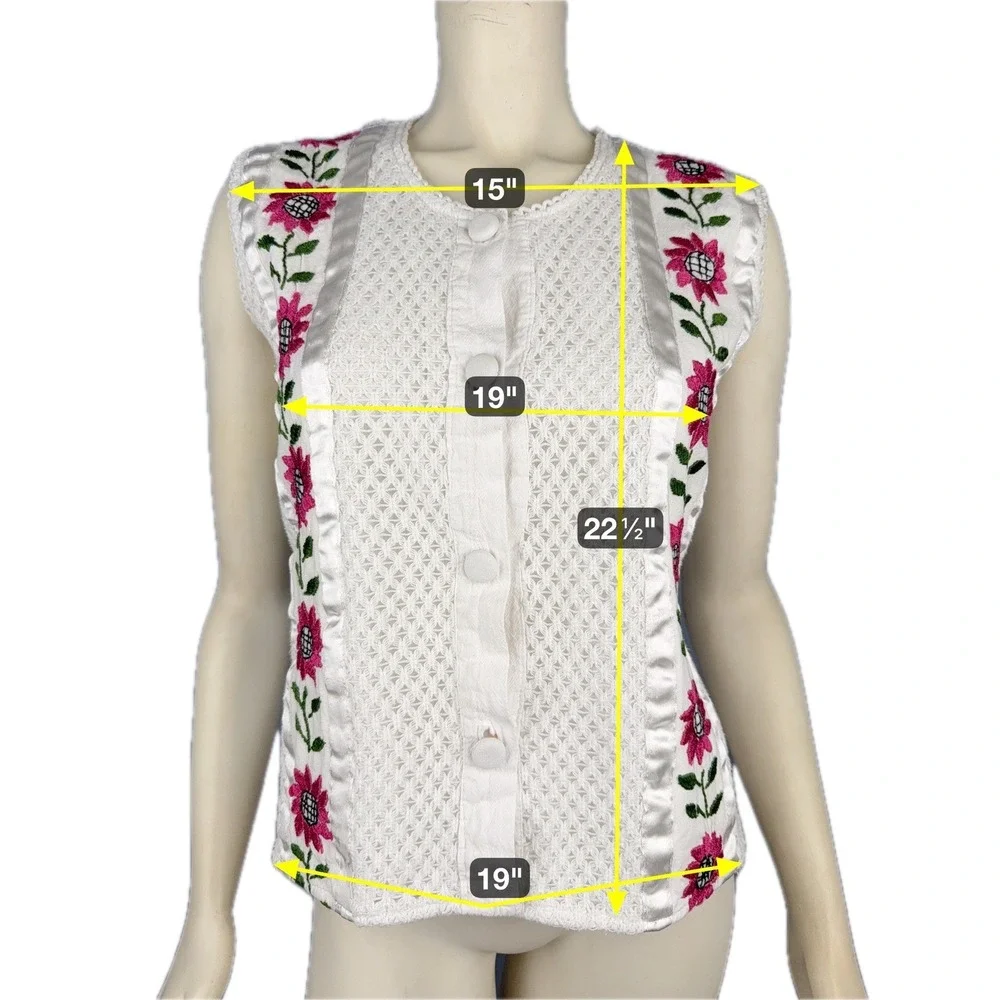 Handmade Embroidered Pink Flowers White Button Up Tank Vest Sleeveless Size‎ M